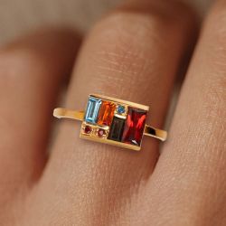 Golden Baguette Cut Garnet & Topaz & Orange & Brown Sapphire Cocktail Ring For Women