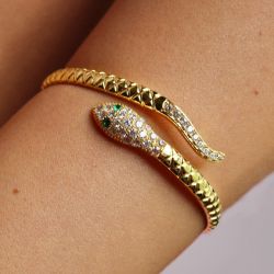 Golden Snake Design Round Cut White Sapphire Bangle Bracelet For Women