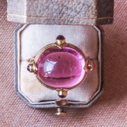 Golden Oval Cabochon Cut Pink Sapphire Cocktail Ring For Women