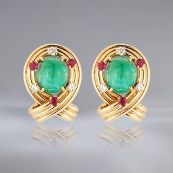 Golden Oval Cabochon Cut Emerald Sapphire Stud Earrings For Women