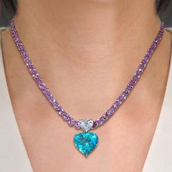 Fashion Heart Cut Aquamarine Sapphire Tennis Necklace For Women