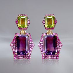 Vintage Emerald Cut Amethyst & Peridot Sapphire Drop Earrings For Women