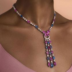 Butterfly Oval & Marquise Cut Ruby & Blue Sapphire Lariat Necklace For Women