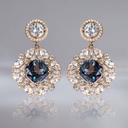 Halo Cushion & Round Cut Blue Topaz & White Sapphire Drop Earrings For Women