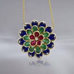 Golden Pear Cut Ruby & Emerald & Blue Sapphire Flower Pendant Necklace For Women