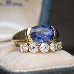 Golden Oval & Round Cut Blue & White Sapphire Engagement Ring Sets For Women