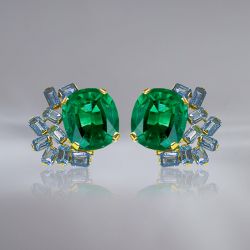 Golden Cushion Cut Emerald Sapphire Stud Earrings For Women