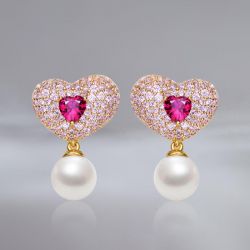 Golden Heart & Round Cut Ruby Sapphire & Pearl Drop Earrings For Women