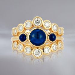 Art Deco Round Cut Cabocho Blue & White Sapphire Engagement Ring Sets For Women