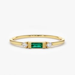 Golden Baguette Cut Emerald Sapphire Engagement Ring For Women