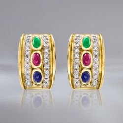 Vintage Oval Cabochon Cut Ruby & Blue & Emerald Sapphire Hoop Earrings For Women