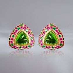 Golden Halo Triangle Cut Peridot Sapphire Stud Earrings For Women