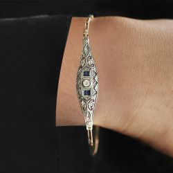 Art Deco Two Tone Round & Baguette Cut White & Blue Sapphire Bracelet For Women