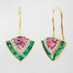 Two Tone Multi-Cut Pink & White & Emerald Sapphire Tiered Drop Earrings For Women