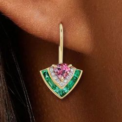 Two Tone Multi-Cut Pink & White & Emerald Sapphire Tiered Drop Earrings For Women