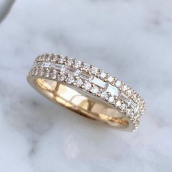 Golden Triple Row Round & Baguette Cut White Sapphire Wedding Band For Women