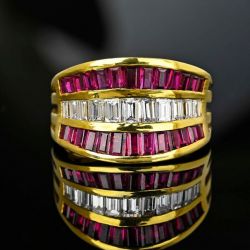 Golden Baguette Cut Ruby & White Sapphire Wedding Band For Women