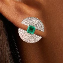 Emerald & Round Cut Emerald & White Sapphire Stud Earrings For Women