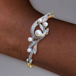 Art Deco Two Tone Round Cut White Sapphire & Pearl Bangle Bracelet For Women