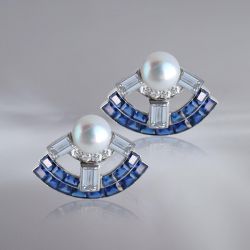 Golden Round & Baguette Cut Pearl & White & Blue Sapphire Stud Earrings For Women