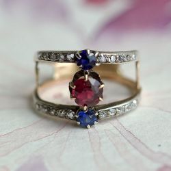 Vintage Two Tone Round Cut Ruby & Blue Sapphire Engagement Ring For Women