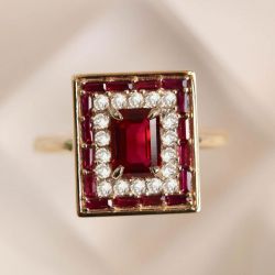 Golden Double Halo Emerald Cut Ruby Sapphire Engagement Ring For Women