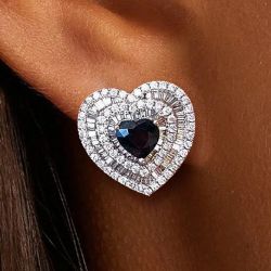 Heart Design Heart Cut Blue Sapphire Stud Earrings For Women