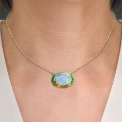 Golden Oval & Round Cut Opal & Emerald Sapphire Pendant Necklace For Women