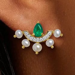 Two Tone Pear & White Cut Emerald Sapphire & Pearl Drop Earrings For Women