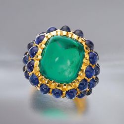 Golden Cushion Cut Cabochon Emerald Sapphire Engagement Ring For Women