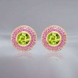 Golden Round Cut Peridot & Pink Sapphire Stud Earrings For Women