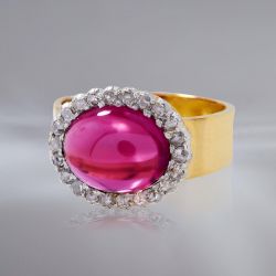 Two Tone Oval Cut Cabochon Ruby Sapphire Engagement Ring For Women