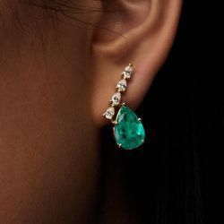 Golden Pear Cut Emerald & White Sapphire Stud Earrings For Women