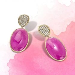 Golden Oval Cut Cabochon Pink Sapphire Drop Earrings For Women