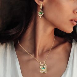 Unique Golden Marquise Cut Emerald Sapphire Pendant Necklace & Drop Earrings Set For Women