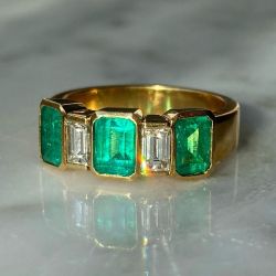 Golden Five Stone Emerald Cut Emerald & White Sapphire Wedding Band For Women