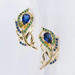 Peacock Feather Design Pear & Round Cut Blue & Emerald Sapphire Stud Earrings For Women