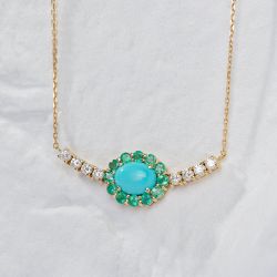 Golden Oval & Round Cut Turquoises & Emerald & White Sapphire Pendant Necklace For Women