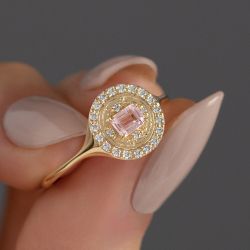 Golden Emerald Cut Pink Sapphire Engagement Ring For Women