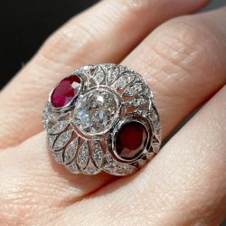 Art Deco Cushion & Round Cut White & Ruby Sapphire Engagement Ring For Women