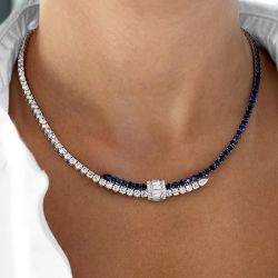 Baguette & Round Cut White & Blue Sapphire Tennis Necklace For Women