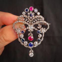 Antique Round Cut Ruby & Blue & White Sapphire Brooch For Women