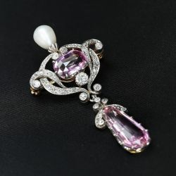 Vintage Pear & Cushion Cut Pink Sapphire & Pearl Brooch For Women