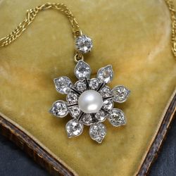 Antique Round Cut White Sapphire & Pearl Flora Pendant Necklace For Women