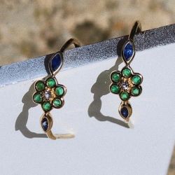 Golden Round & Marquise Cut Emerald & Blue Sapphire Flora Hoop Earrings For Women