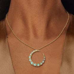 Golden Round Cut White Opal & Sapphire Pendant Necklace For Women