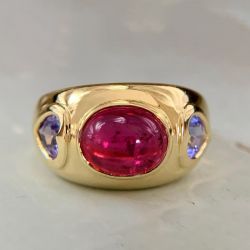 Golden Oval & Heart Cut Cabochon Ruby & Amethyst Sapphire Engagement Ring