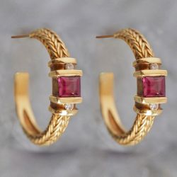 Art Deco Asscher Cut Ruby Sapphire Hoop Earrings For Women