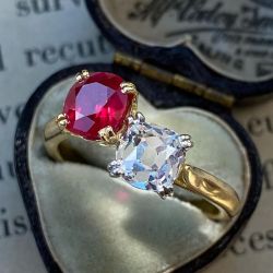 Antique Two Tone Ruby & White Sapphire Cushion Cut Toi Et Moi Ring