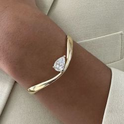 Golden Solitaire Pear Cut White Sapphire Bangle Bracelet For Women